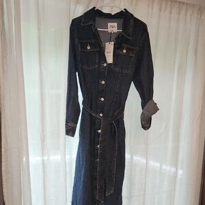 Zara Blue Long Sleeve Notched Collar Shirt Dress